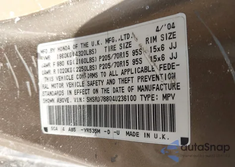 2004 Honda Cr-V Ex из США, поврежденный, VIN SHSRD78804U236100